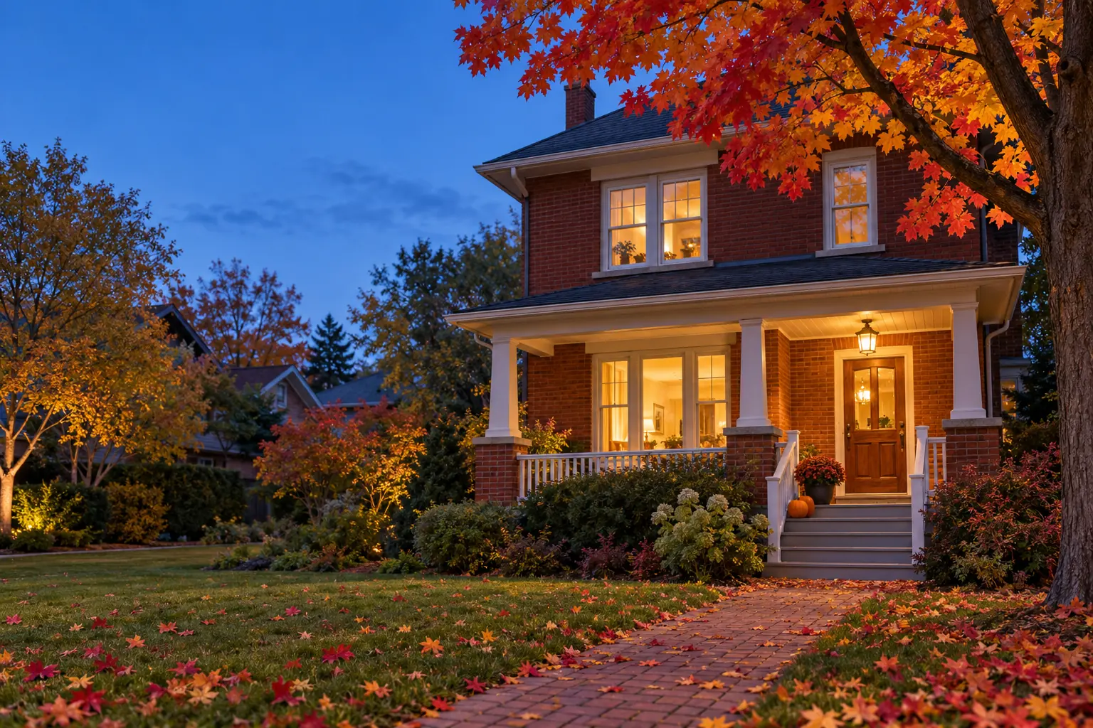 Red brick Ottawa family home with a lit front porch at dusk in fall, a home being paid down faster with an adjustable rate mortgage