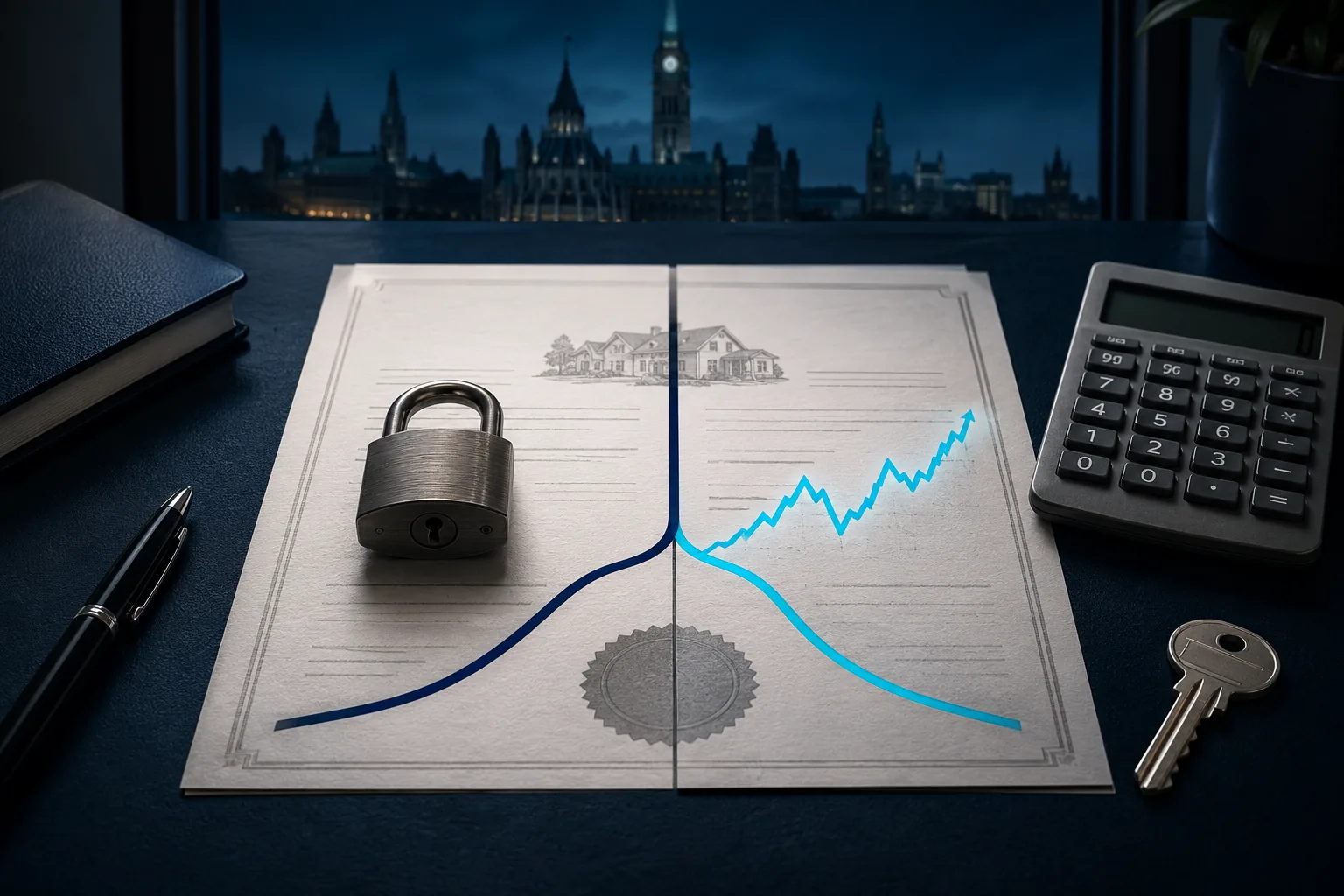 Fixed versus variable mortgage decision shown through a mortgage contract, padlock and rate chart in Ottawa