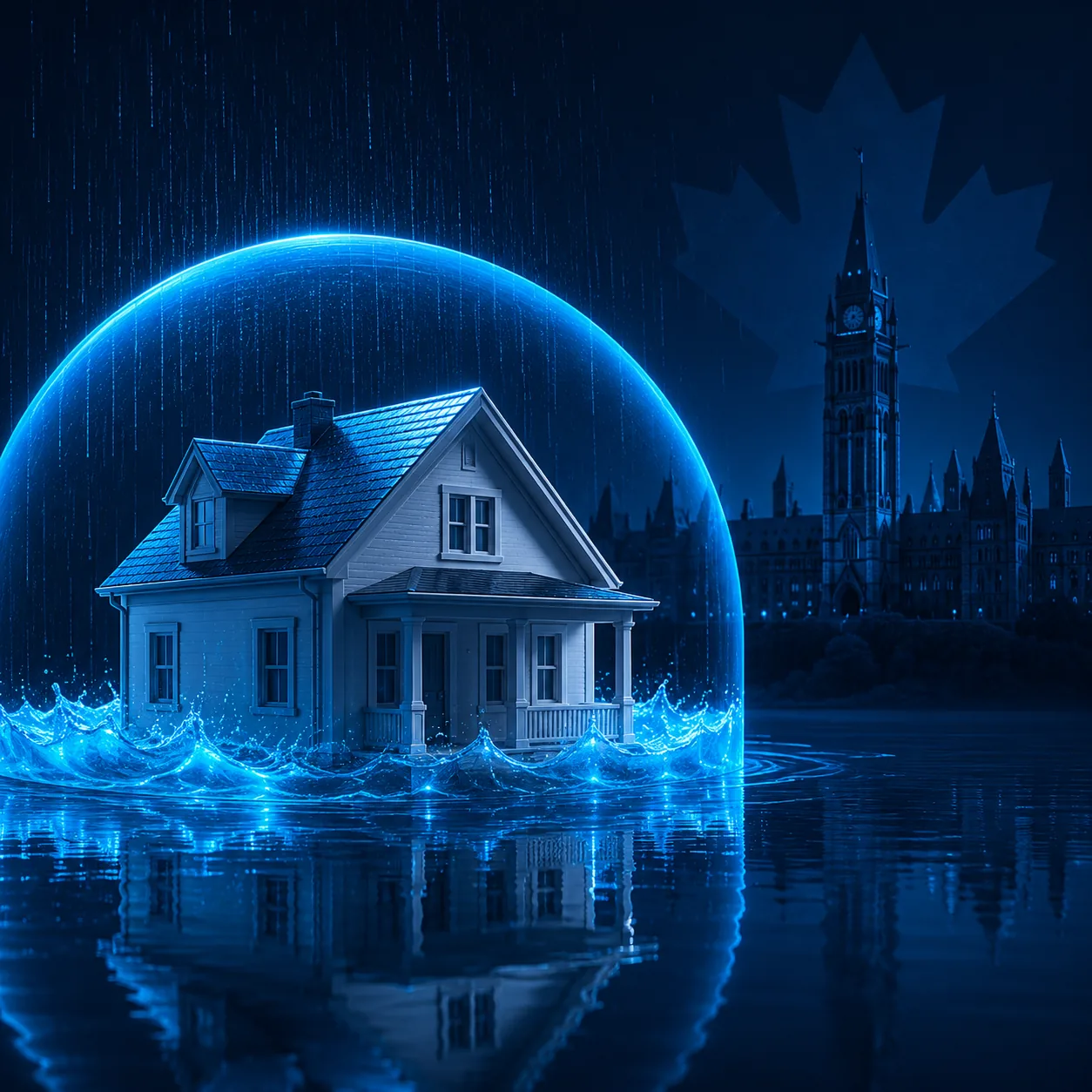 A white Ottawa home ringed by rising cyan flood water under a protective dome, Parliament behind, illustrating overland water coverage and the home insurance Ottawa flood gap