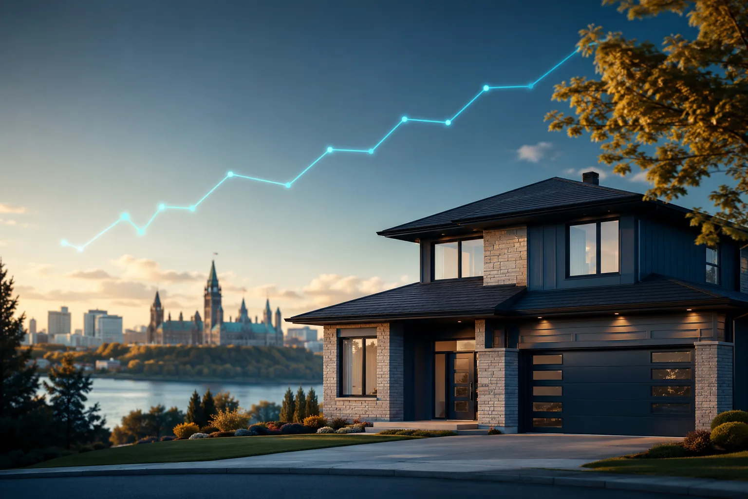 The mortgage stress test in Canada, shown by a modern Ottawa home with the Parliament skyline and a rising qualifying-rate line