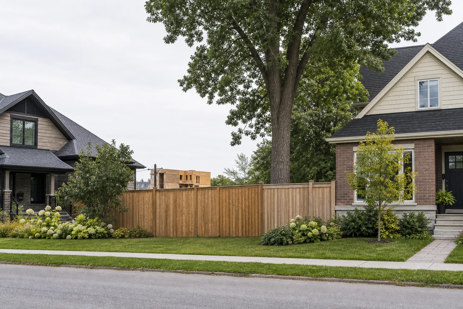 Ottawa bylaw complaint guide showing neighbouring homes, a shared fence and boundary tree