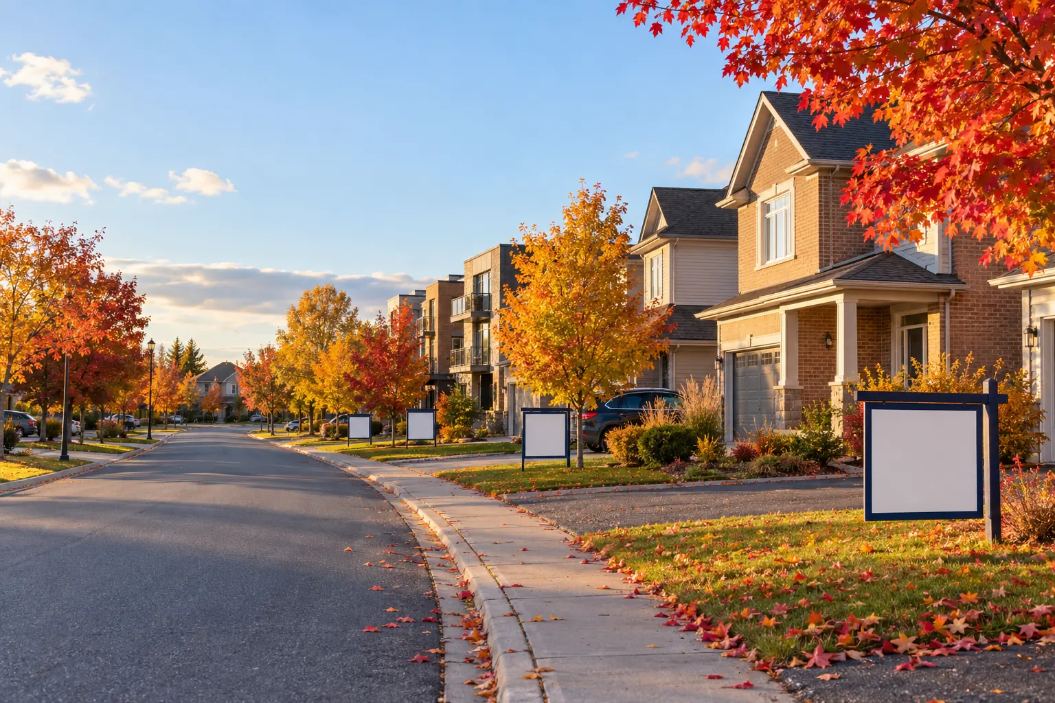 Ottawa residential street of houses and townhomes in fall, the kind of homes behind current Ottawa home prices and the Ottawa real estate market