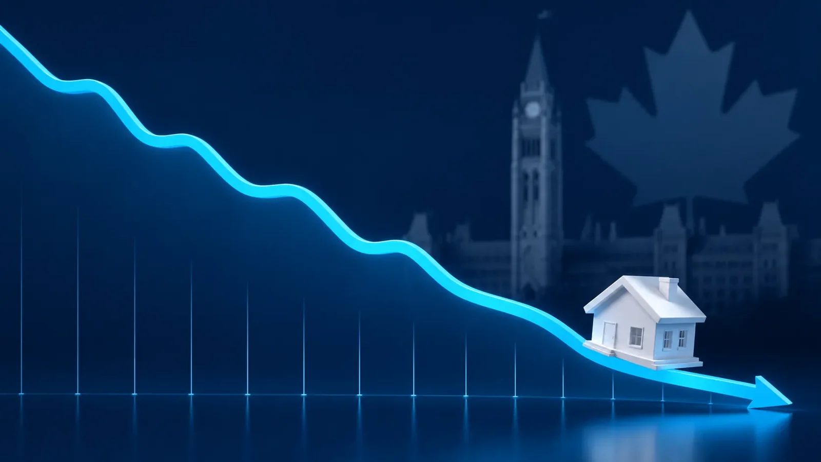 Canadian mortgage rates trending down over time, the idea behind when will mortgage rates go down in Canada, with the Ottawa Parliament in the background
