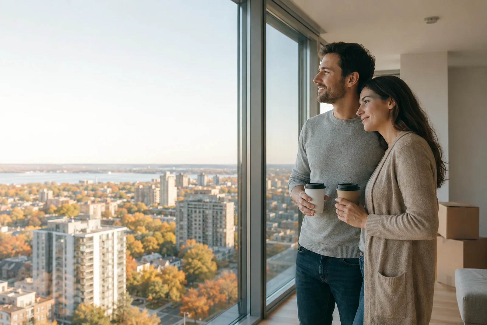 Couple looking out over Ottawa from the window of a condo they are financing with a condo mortgage