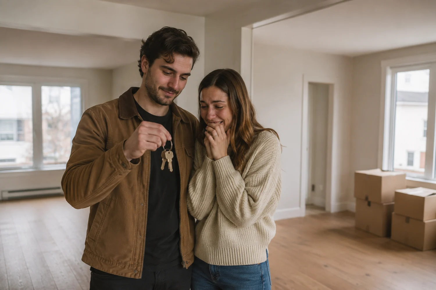 Happy Ottawa couple holding the keys to their new home after their mortgage closed
