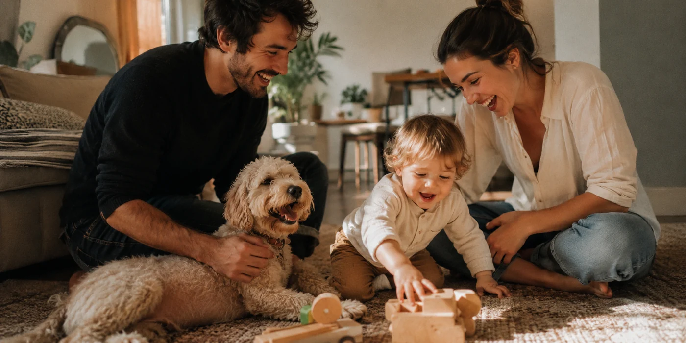 First-time buyer family and their dog in their new Barrhaven home financed with a local mortgage agent
