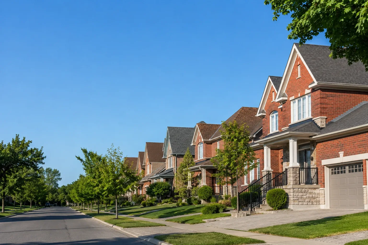 A sunlit street of brick family homes in Ottawa, the kind of purchase mortgage Ottawa buyers get pre approved for