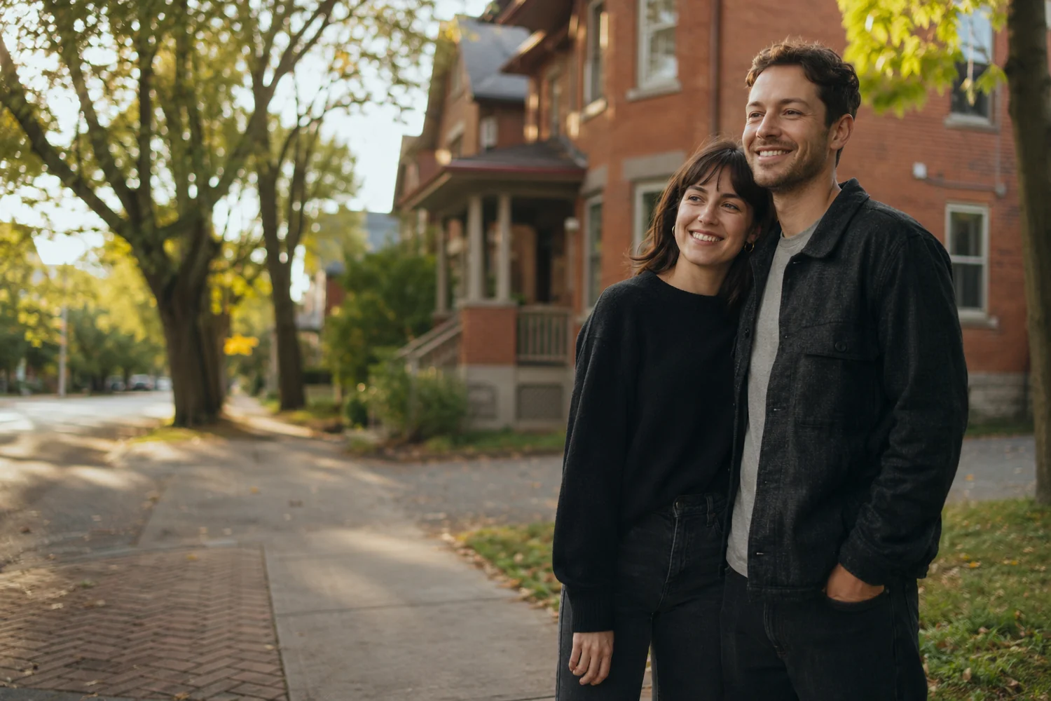 Young couple outside a Hintonburg century home planning updates with a local Ottawa mortgage agent