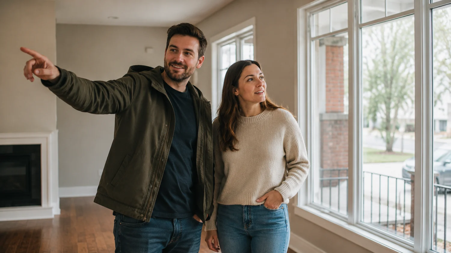 An Ottawa couple touring an empty home they are considering buying, one pointing out the bright living room window