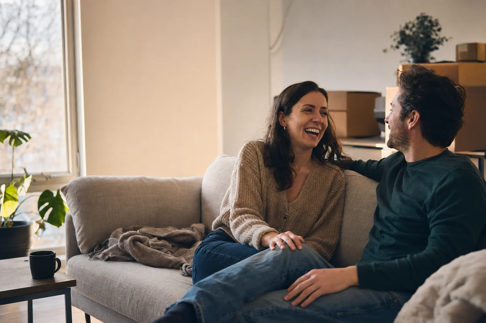 A happy Ottawa couple relaxing together in their new home, moving boxes in the background