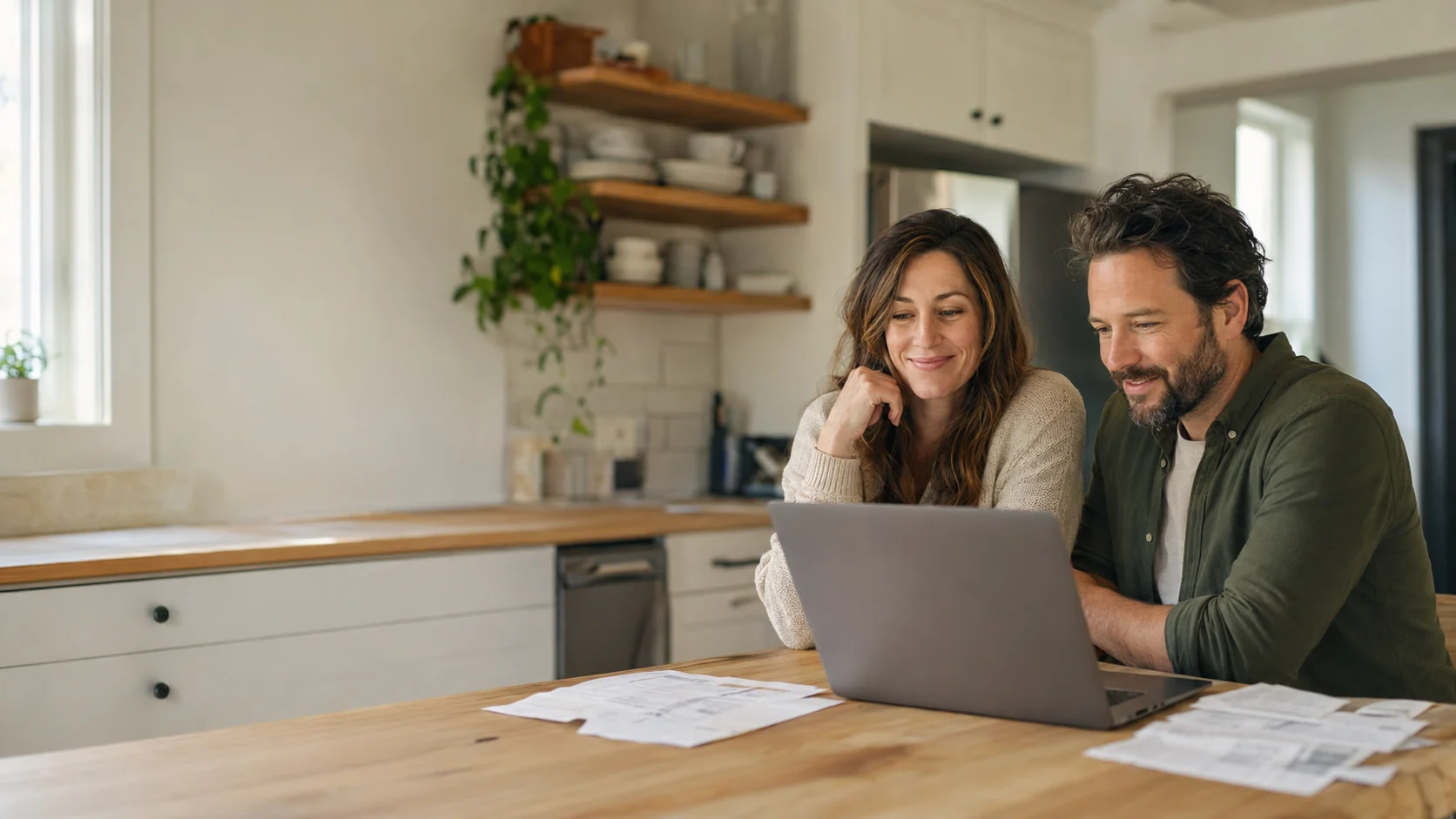 Ottawa couple reviewing their mortgage refinance options together at their kitchen table