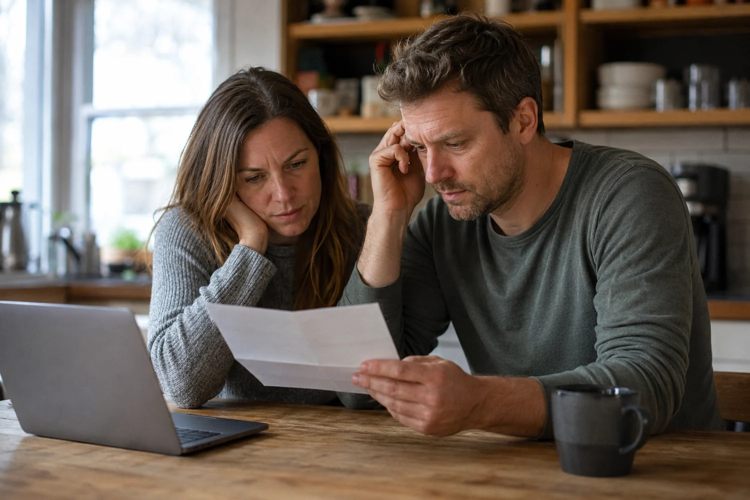 Ottawa couple at their kitchen table reading a mortgage renewal letter, deciding whether to renew or switch lenders