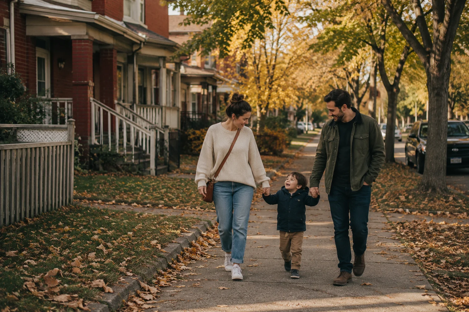 Family walking a leafy Vanier street, an affordable east-end Ottawa neighbourhood to buy a first home